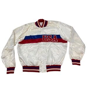 VTG USA Bomber Jacket Mens Large White Red Blue America 80s RARE Stitched